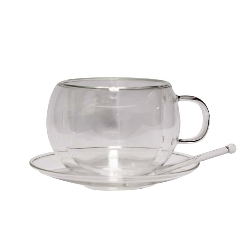 Double Wall Glass Teacup and Saucer (220ml) including glass spoon (12 Pcs set)